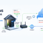 Dynamic DNS architecture with Amazon Route 53 updating a DNS record for self-hosted services behind a changing public IP.